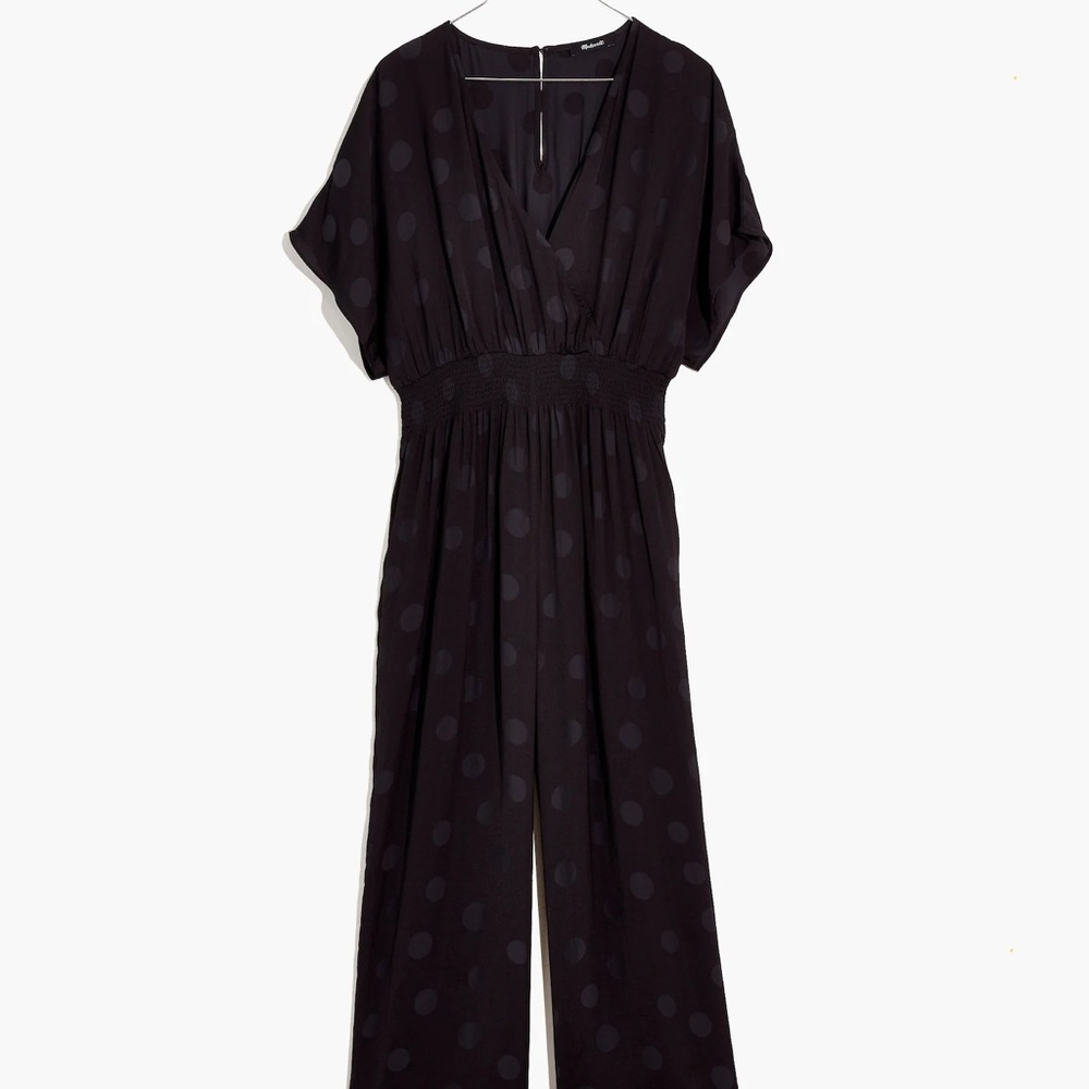EUC Madewell Black Polka Dot Wrap Front Smock Waist Jumpsuit - Small - Picture 5 of 13